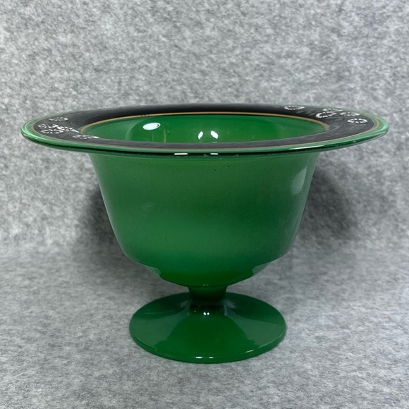 Pedestal Candy Dish Compote Green with Black and Gold Trim Pedestal 6.25” - Picture 4 of 9
